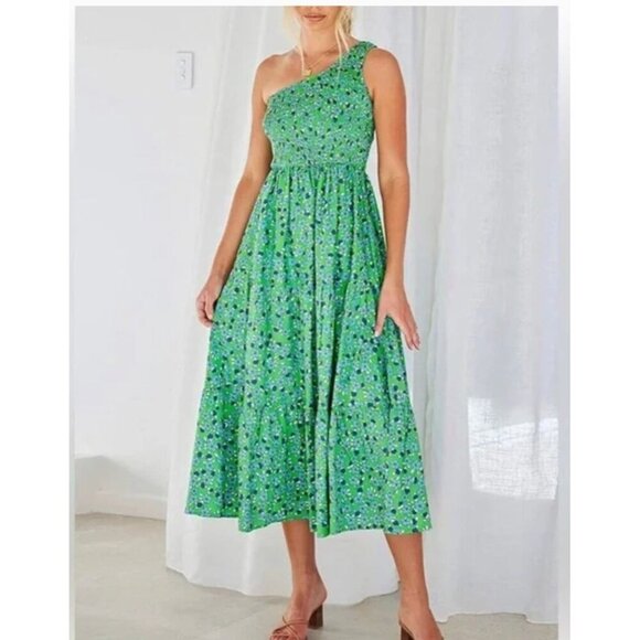 ZESICA One-Shoulder Green Floral Midi Dress Smocked Bodice & Flowy Tiered Skirt - Picture 1 of 13
